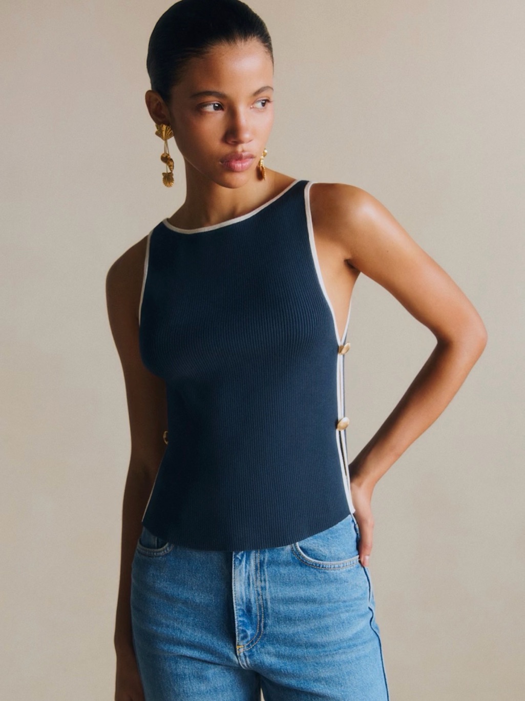 Nwt Sezane Amalia Top Navy With Ecru Trimming - Size S